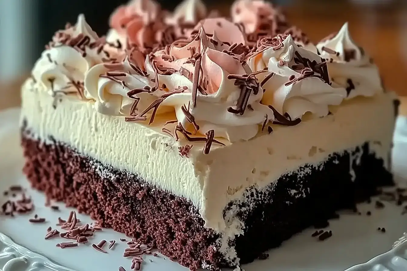 BTS Cake Recipe with chocolate layers, whipped cream topping, and chocolate sprinkles on a decorative plate.