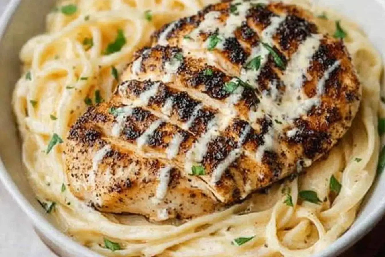 Sliced blackened chicken alfredo over creamy pasta with parsley garnish