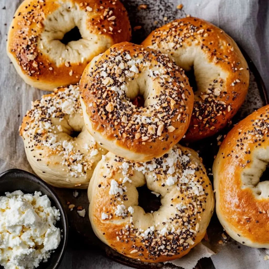 A close-up of freshly baked cottage cheese protein bagels, golden brown with a crispy crust, topped with everything bagel seasoning and crumbled cheese. A bowl of creamy cottage cheese sits beside them on a rustic surface.