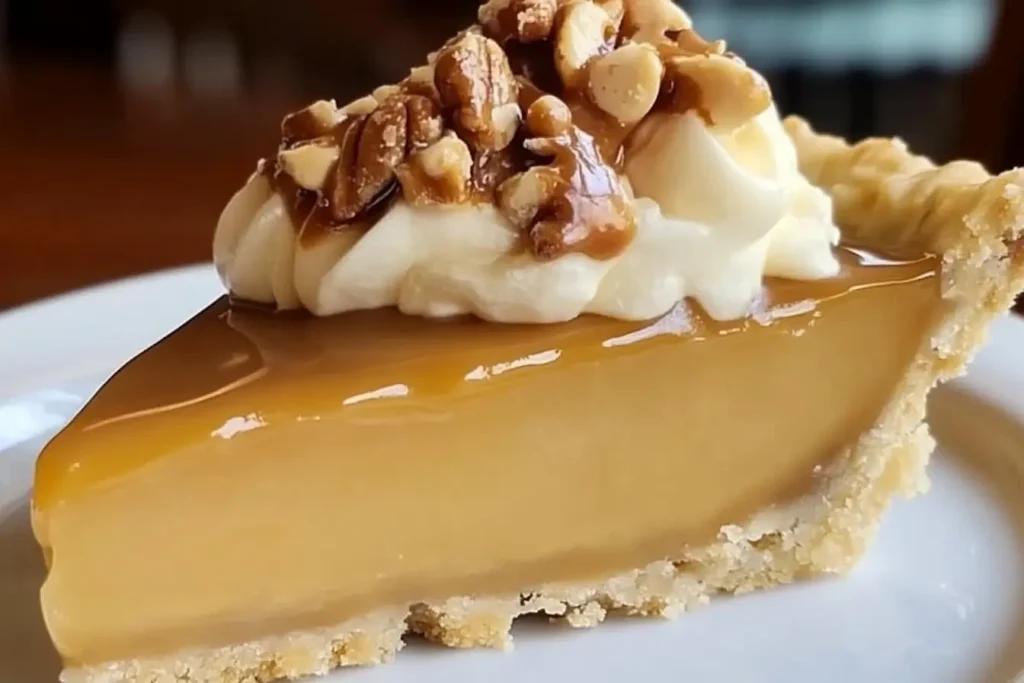Dolly Parton’s Butterscotch Pie with pecan crust, creamy filling, whipped cream, and pecans.