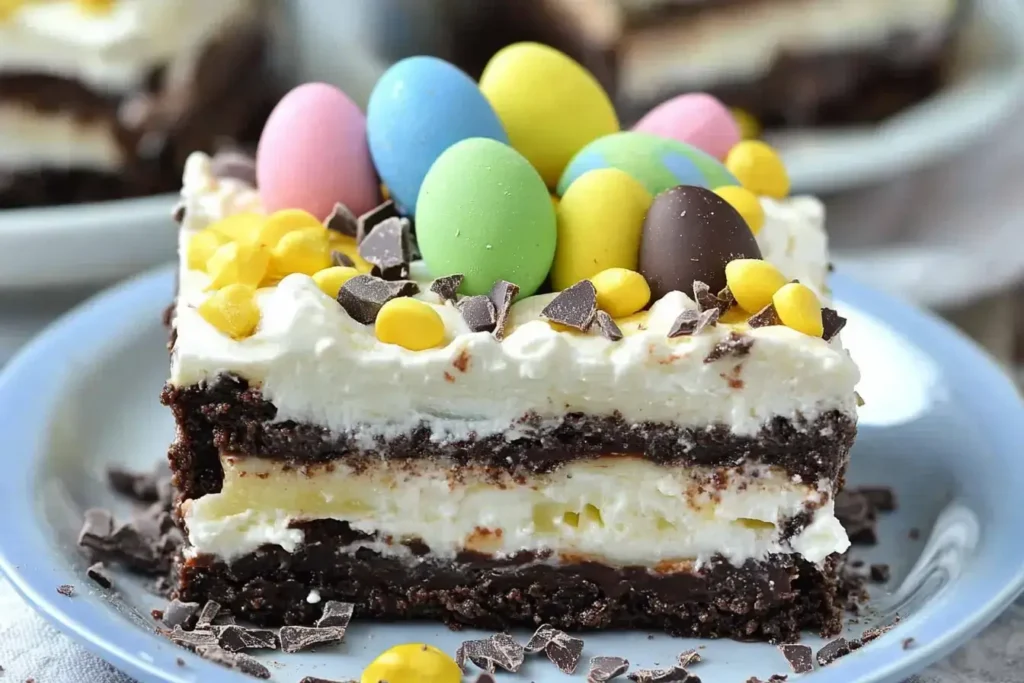 Close-up of Easter Chocolate Lasagna with layers of cream, chocolate, and an Oreo crust, topped with Easter eggs and sprinkles.