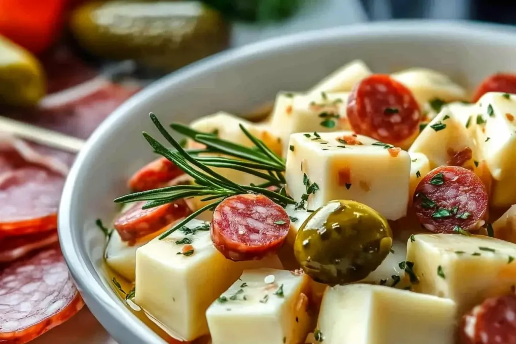 A glass jar with marinated cheese cubes, salami, pickles, and herbs on a wooden surface.