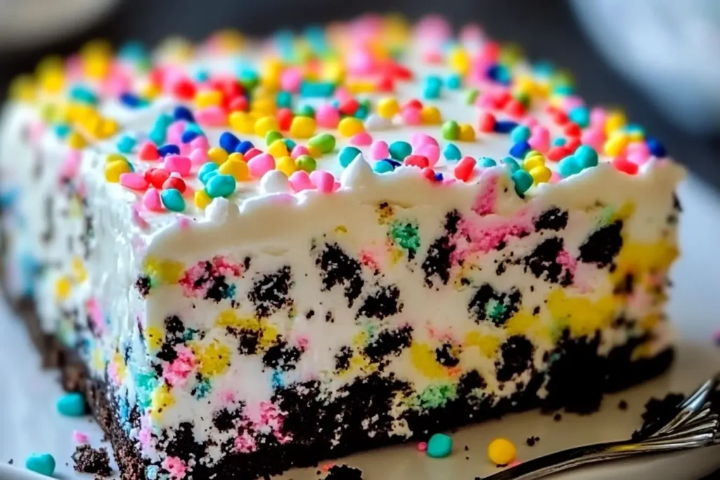A slice of funfetti Oreo icebox cake with a creamy white filling, crushed chocolate cookies, and colorful sprinkles on top.