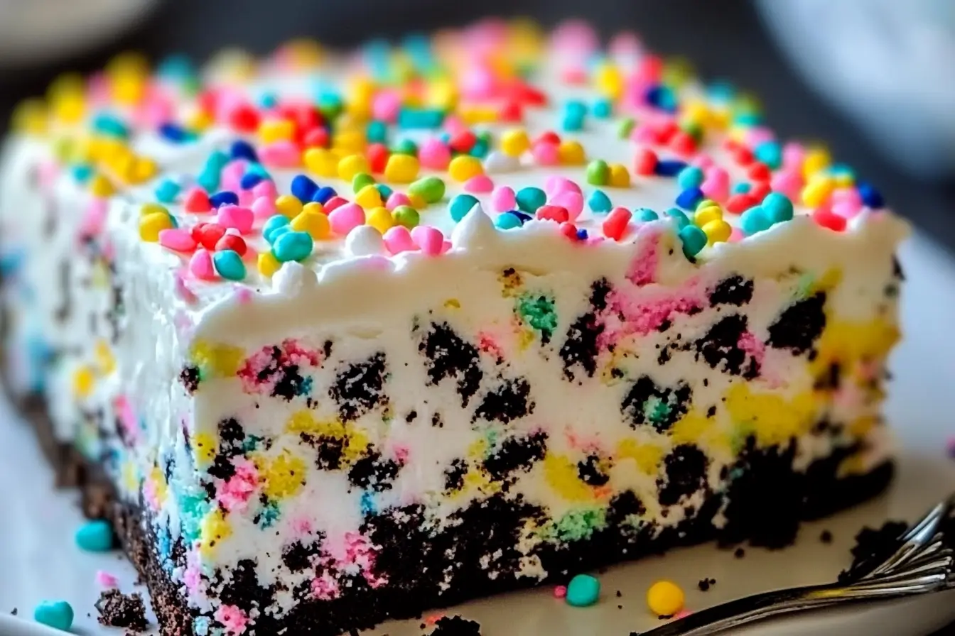 A slice of funfetti Oreo icebox cake with a creamy white filling, crushed chocolate cookies, and colorful sprinkles on top.
