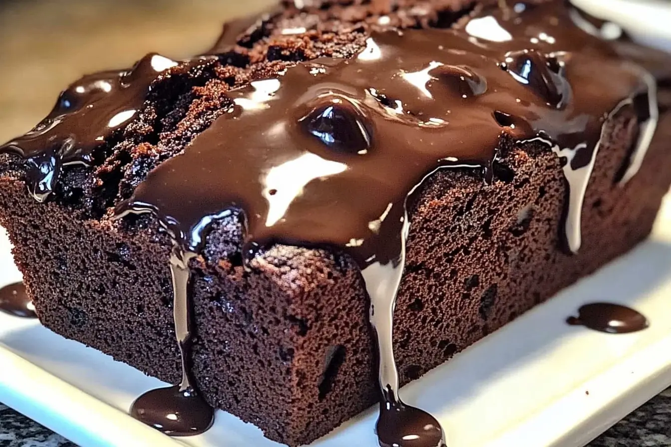 Chocolate Hot Fudge Brownie Bread with glossy ganache topping