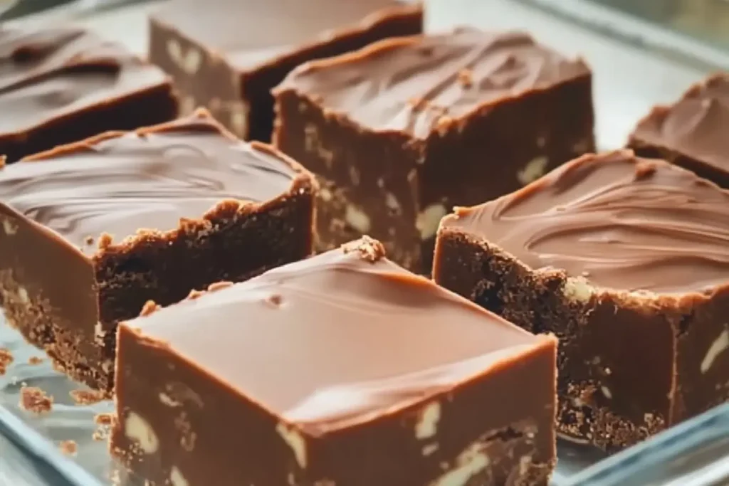 Paula Deen’s 5 Minute Fudge cut into squares with pecans in a glass dish