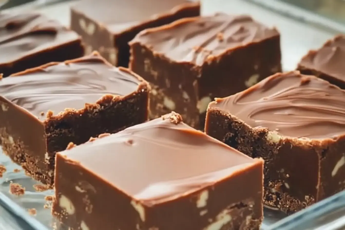 Paula Deen’s 5 Minute Fudge cut into squares with pecans in a glass dish