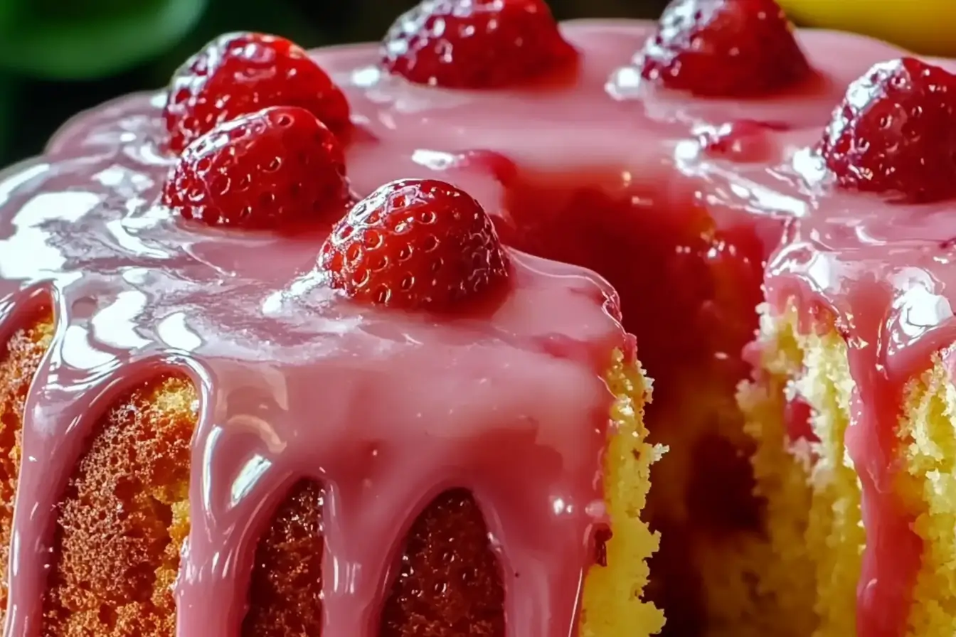Close-up of a Pineapple Strawberry Pound Cake with a pink glaze dripping down, topped with fresh strawberries, showing a moist, golden crumb.