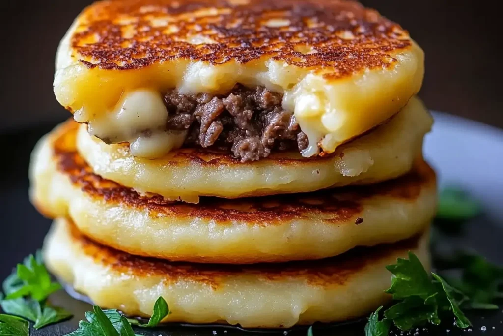 Stack of golden potato pancakes filled with savory beef and melted cheese, garnished with fresh parsley on a dark plate.