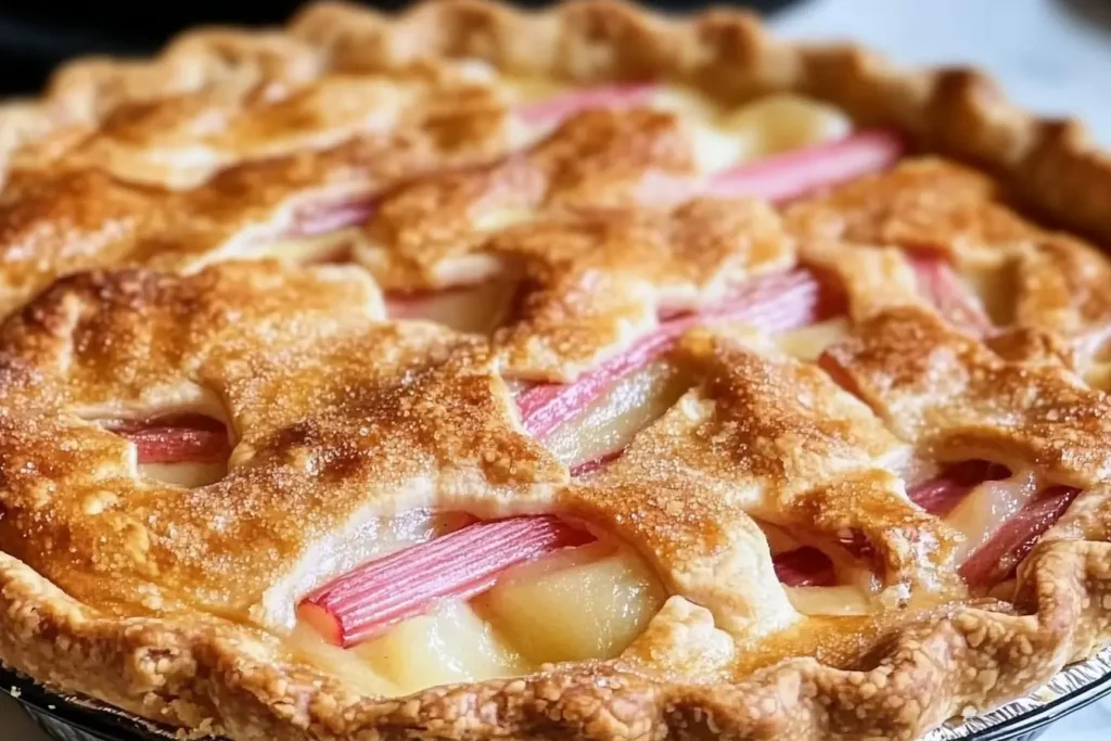 Rhubarb sour cream pie with lattice crust, showcasing pink rhubarb and golden filling in a flaky pie crust.