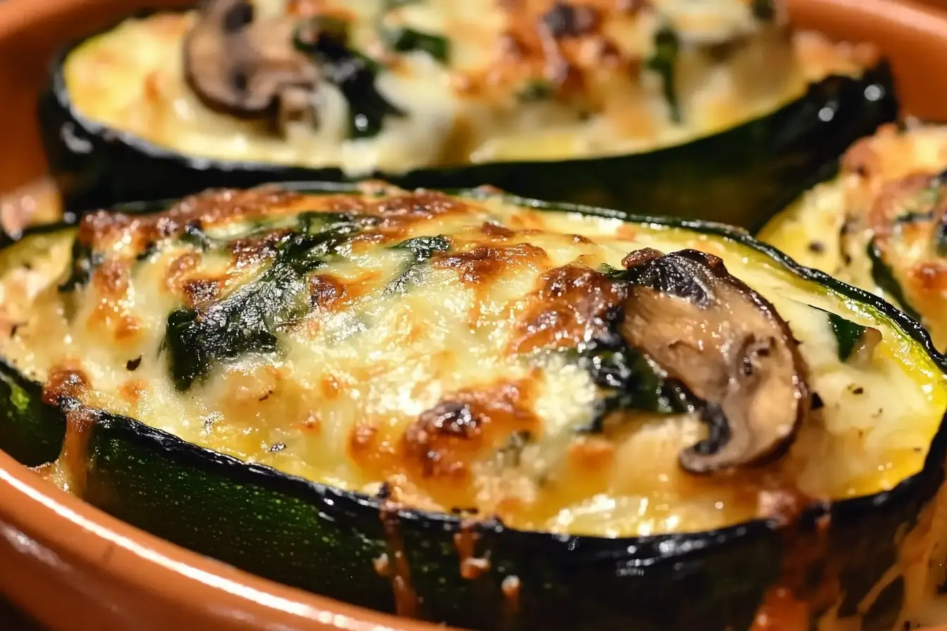 Spinach, mushroom, and ricotta stuffed zucchini boats with melted cheese in a baking dish.