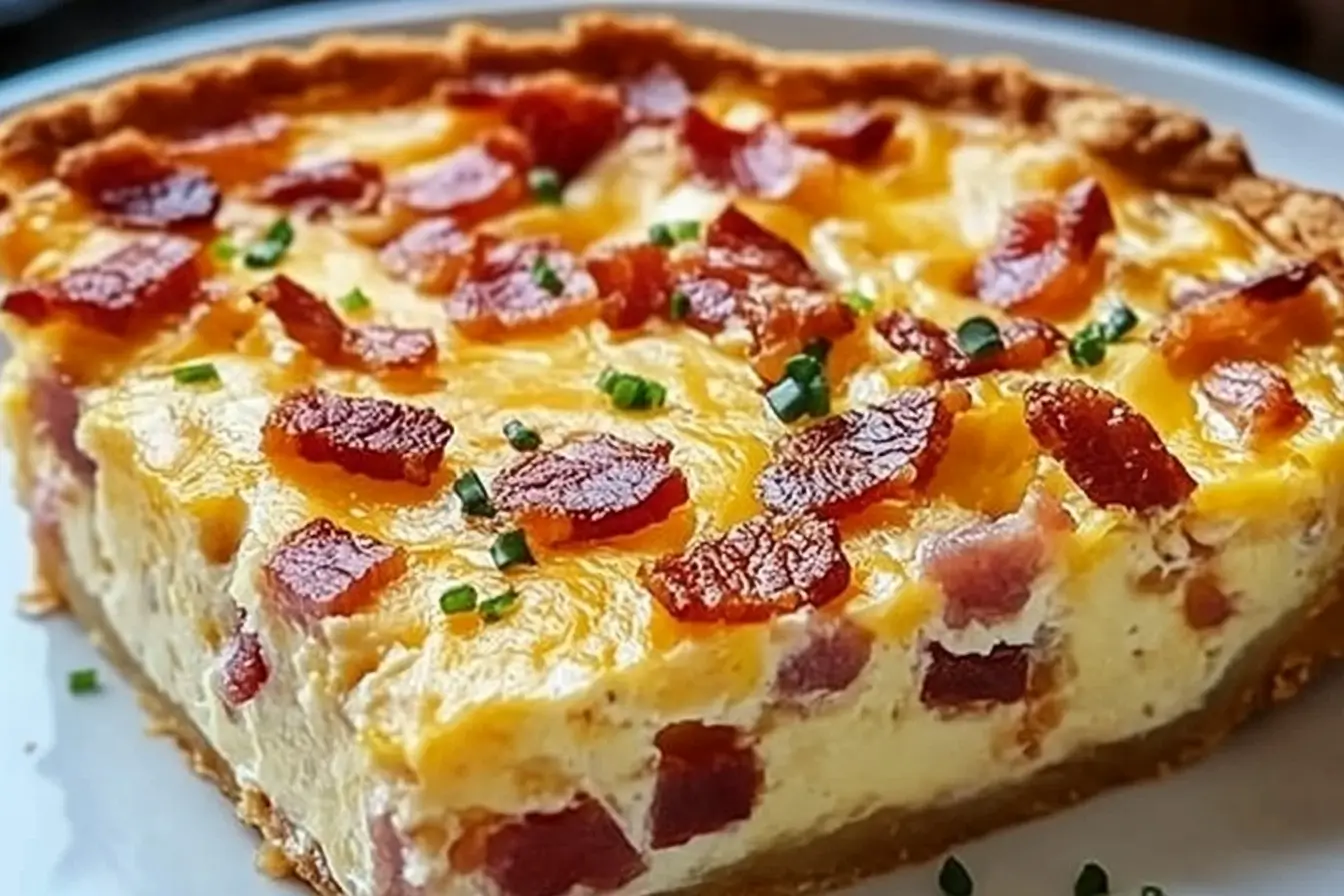 Bacon and cheese crustless quiche with a golden-brown top, filled with crispy bacon, melted cheese, and fluffy eggs.