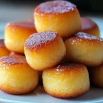 Close-up of golden brown honey butter cornbread poppers stacked on a white plate.