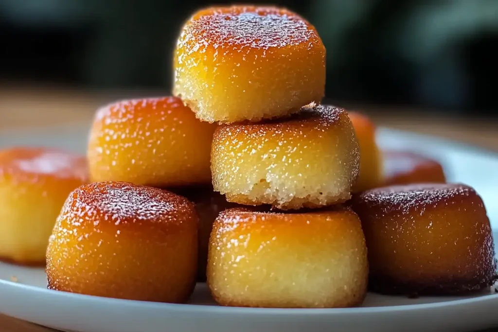 Close-up of golden brown honey butter cornbread poppers stacked on a white plate.
