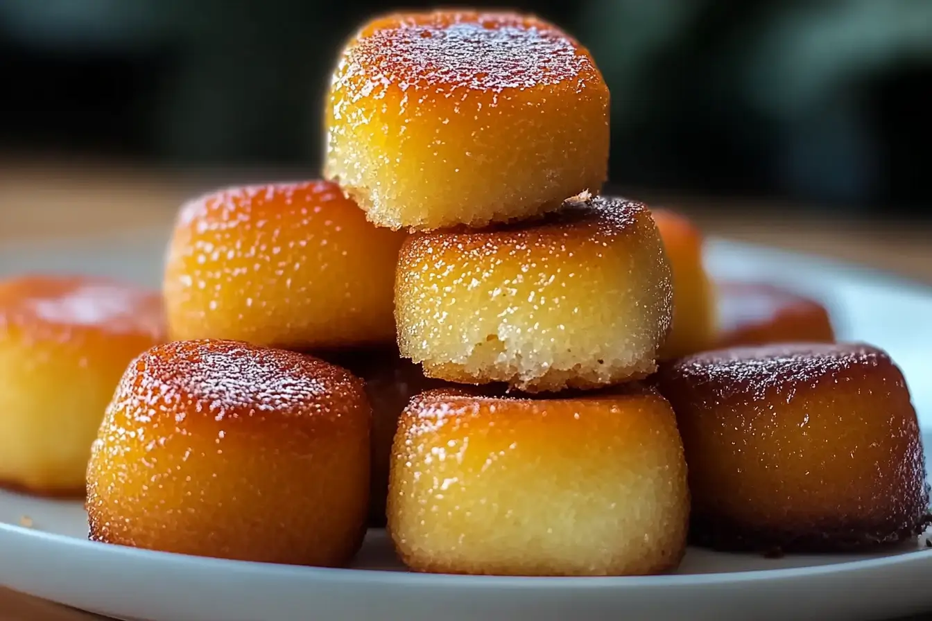 Close-up of golden brown honey butter cornbread poppers stacked on a white plate.